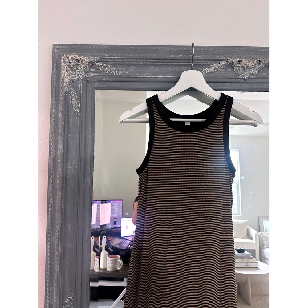Uniqlo Ribbed Built in Bra Sleeveless Dress Brown Black Striped Midi Racerback M - Picture 5 of 10